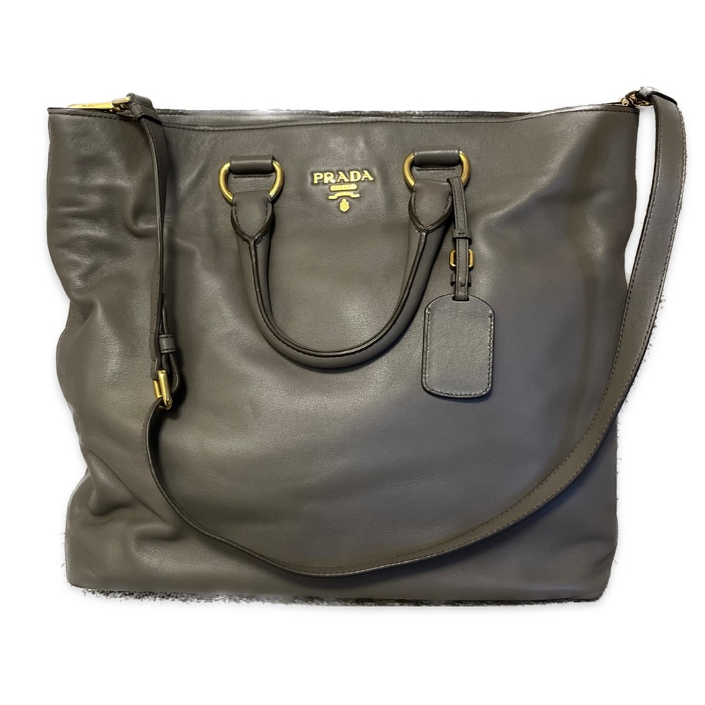Prada Brand New Unisex Soft Calf Large Leather Tote Gray Color BAMBU BN1713 NWT